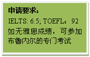 文本框: 申请要求:IELTS: 6.5; TOEFL:92如无雅思成绩,可参加布鲁内尔的专门考试