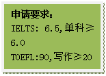 文本框: 申请要求:IELTS: 6.5,单科≥6.0TOEFL:90,写作≥20